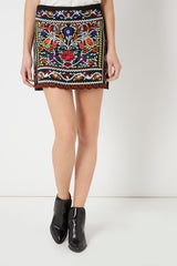 Minifalda bordada mujer, falda corta bohemia, diseño flores multicolor, estilo étnico chic, tejido cómodo, ideal urbano y eventos, color negro, talla L, aporta frescura y versatilidad ✅Entrega 24/48h