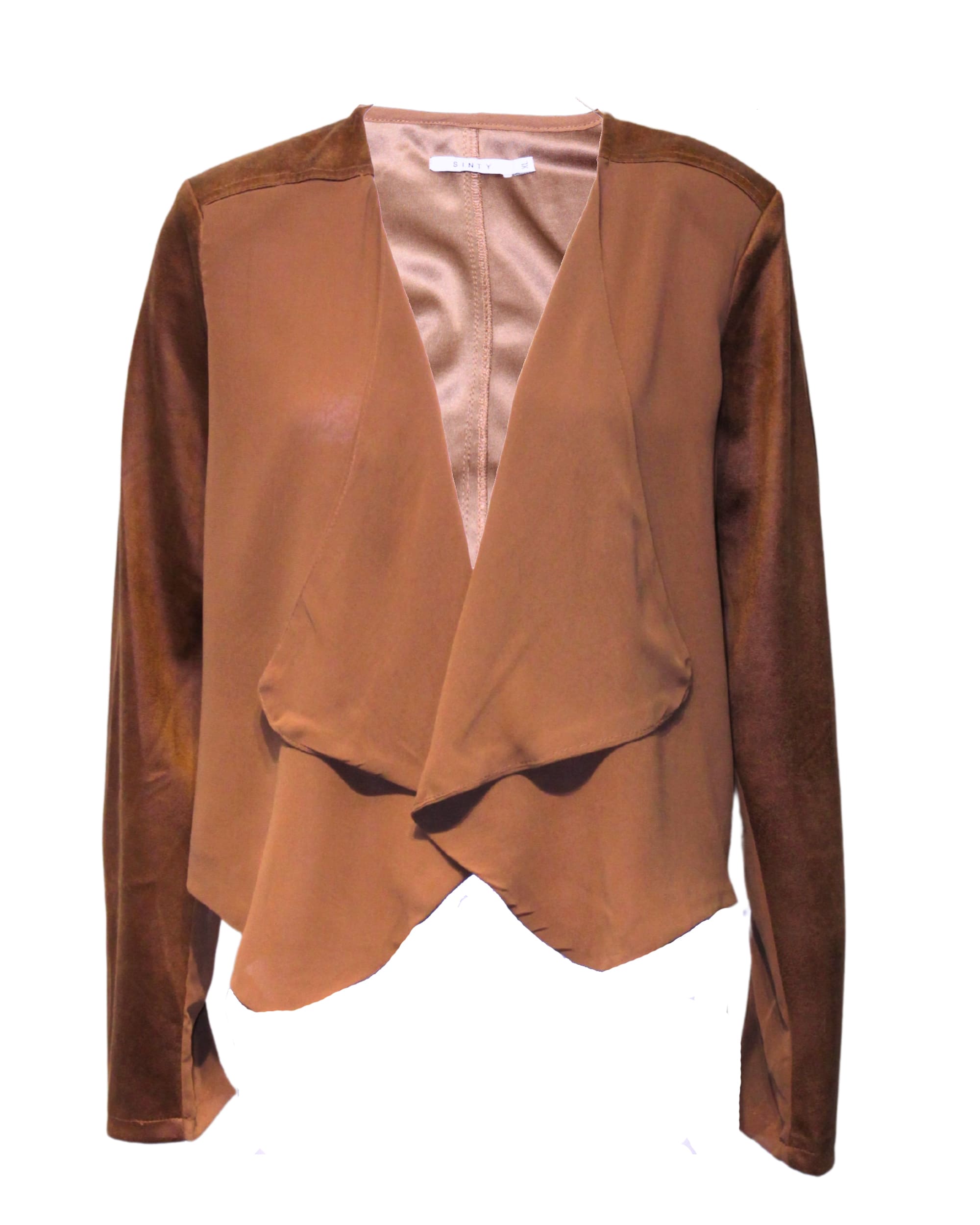 Chaqueta corta mujer, abrigo ligero, jacket, diseño combinado antelina, solapa abierta, manga larga, estilo casual chic, marrón, talla L, cómoda, versátil, ideal otoño/invierno. ✅Entrega 24/48h