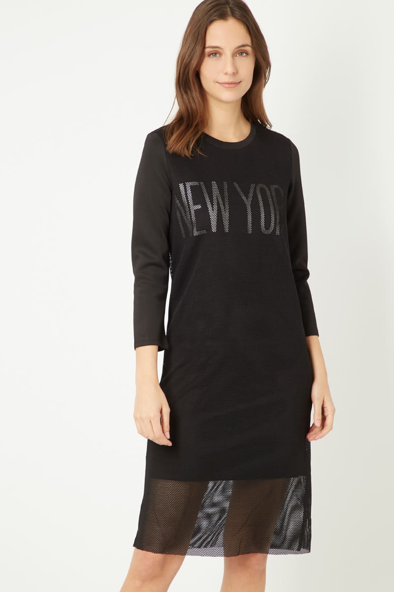 Vestido casual recto mujer, dress urbano letras brillo, malla ligera, manga tres cuartos, corte regular, estilo versátil, color negro, talla 36, cómodo elegante, ideal oficina día noche ✅Entrega 24/48h