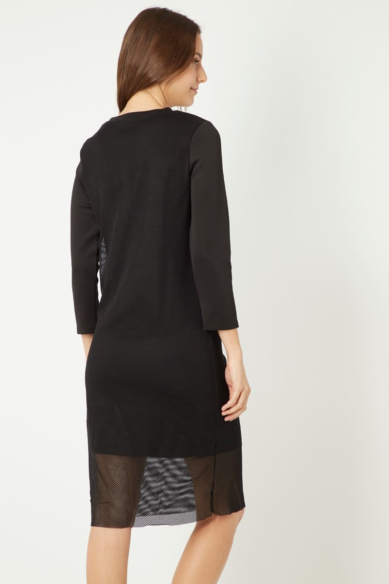 Vestido casual recto mujer, dress urbano letras brillo, malla ligera, manga tres cuartos, corte regular, estilo versátil, color negro, talla 36, cómodo elegante, ideal oficina día noche ✅Entrega 24/48h