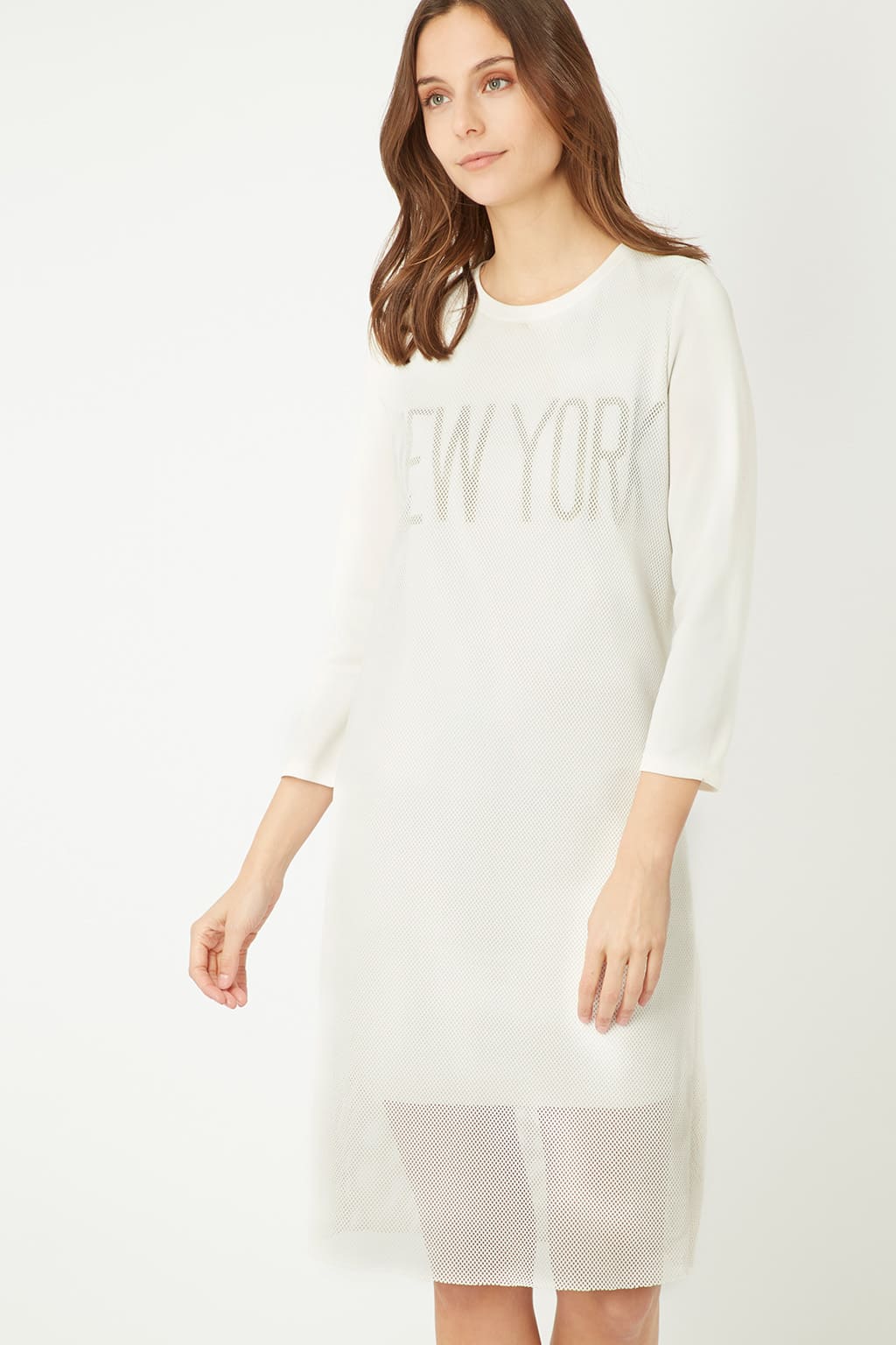 Vestido mujer casual mesh urbano, dress relaxed fit, manga tres cuartos, print New York, tejido ligero, ideal diario, cómodo, sofisticado, color blanco, talla 36 disponible, moderno, versátil ✅Entrega 24/48h