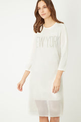 Vestido mujer casual mesh urbano, dress relaxed fit, manga tres cuartos, print New York, tejido ligero, ideal diario, cómodo, sofisticado, color blanco, talla 36 disponible, moderno, versátil ✅Entrega 24/48h