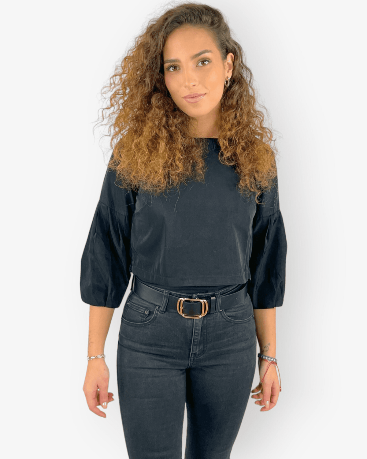 Blusa Satinada Mujer Manga Abullonada Crop Top Camisa Moderna Cuello Redondo Elegante Casual Negro Talla 36 Aporta Versatilidad Look Diario Trabajo Fiesta ✅Entrega 24/48h