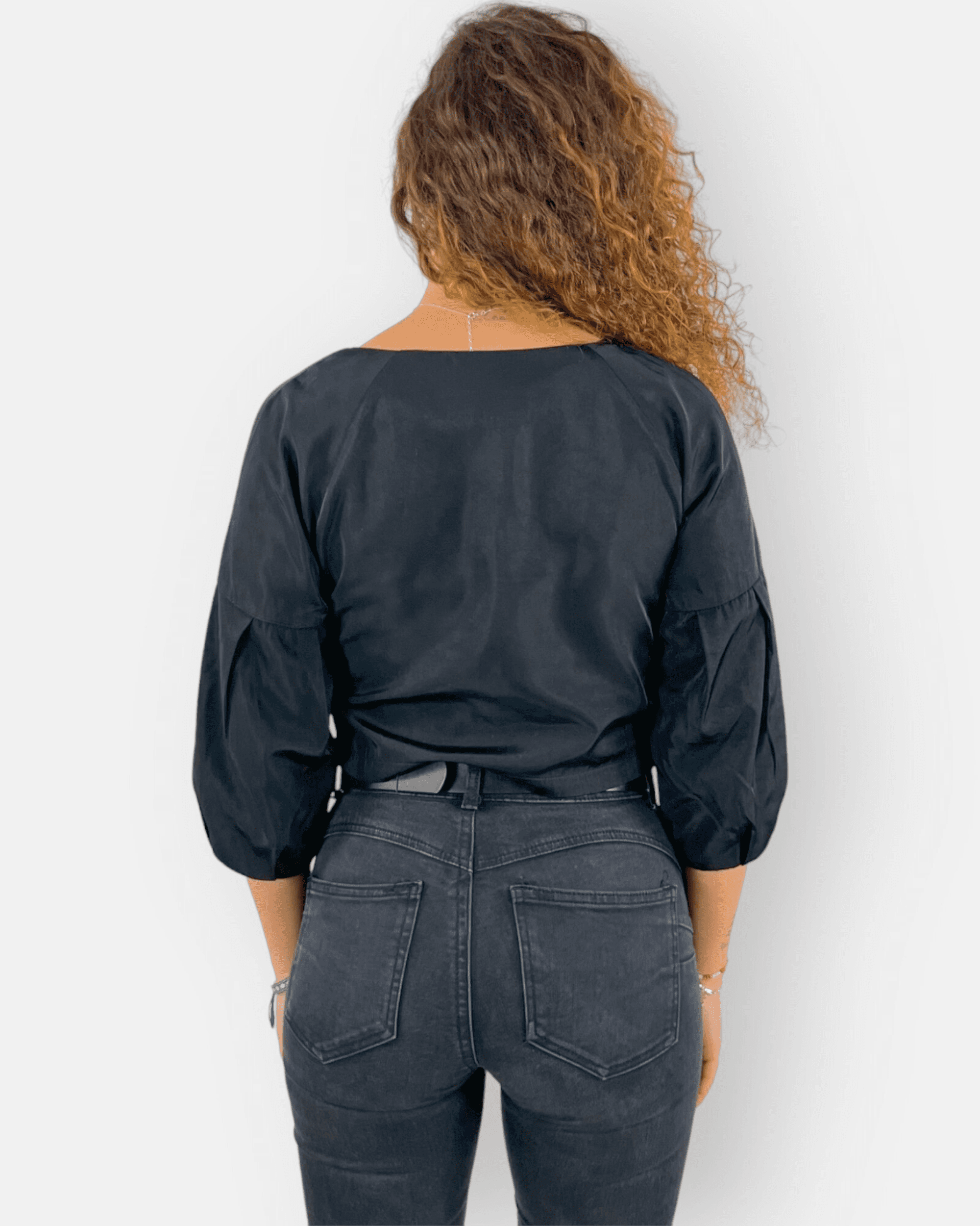 Blusa Satinada Mujer Manga Abullonada Crop Top Camisa Moderna Cuello Redondo Elegante Casual Negro Talla 36 Aporta Versatilidad Look Diario Trabajo Fiesta ✅Entrega 24/48h