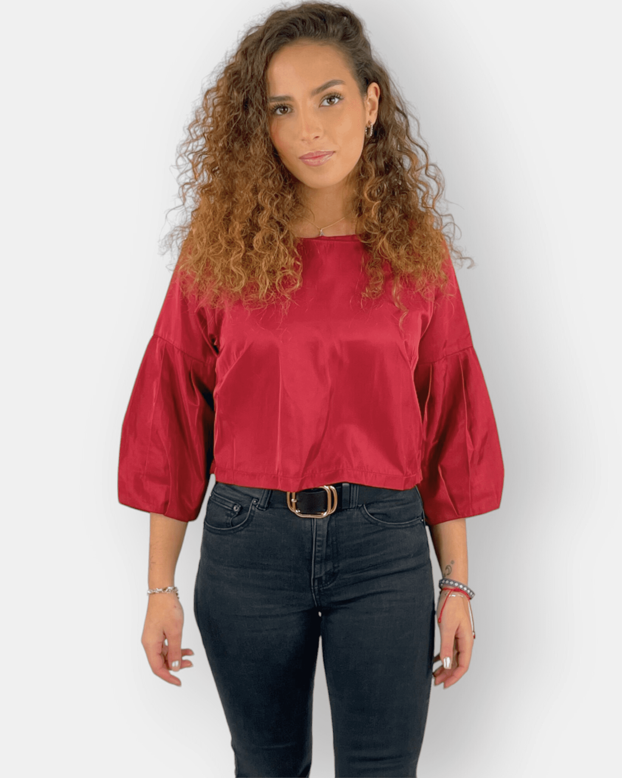 Blusa Mujer Satinada Corta, Camisa Crop Top, Manga Abullonada, Cuello Redondo, Elegante, Moderna, Talla 36, Color Rojo, Ideal Oficina Fiesta, Fresca Cómoda Versátil ✅Entrega 24/48h