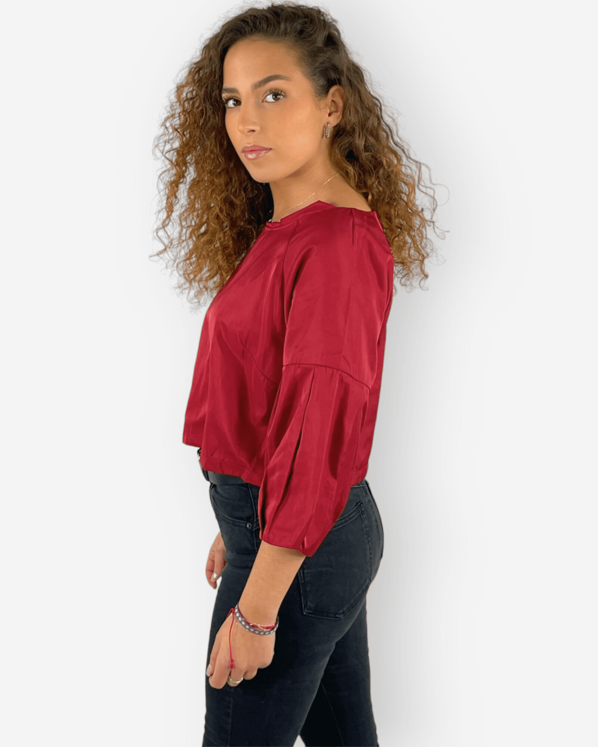 Blusa Mujer Satinada Corta, Camisa Crop Top, Manga Abullonada, Cuello Redondo, Elegante, Moderna, Talla 36, Color Rojo, Ideal Oficina Fiesta, Fresca Cómoda Versátil ✅Entrega 24/48h