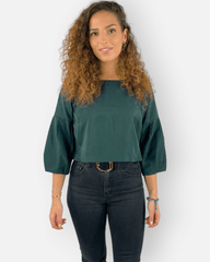 Blusa satinada corta mujer, top elegante manga abullonada, cuello redondo amplio, corte crop, color verde, ligera y versátil, ideal casual o formal, disponible talla 36, estilo moderno, ✅Entrega 24/48h