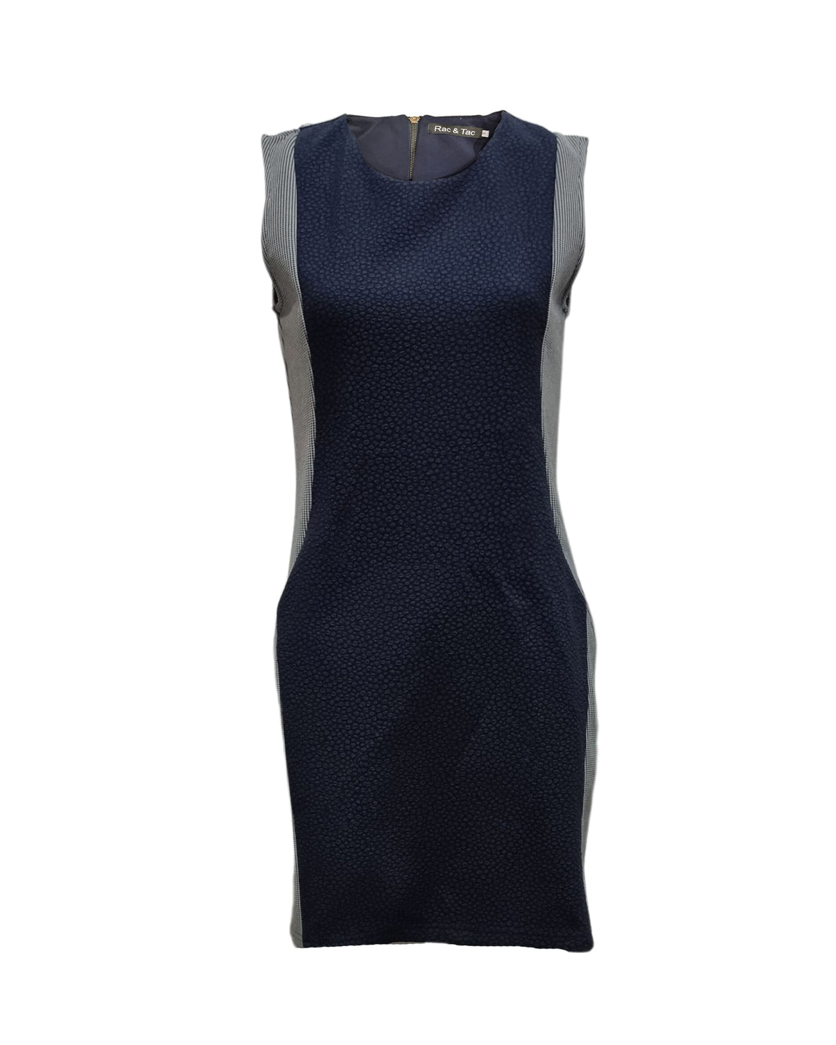 Vestido recto femenino dress outfit textura entallado detalle vichy contraste laterales sin mangas cuello redondo bolsillo delantero azul talla 38 elegante cómodo versátil ideal oficina evento ✅Entrega 24/48h