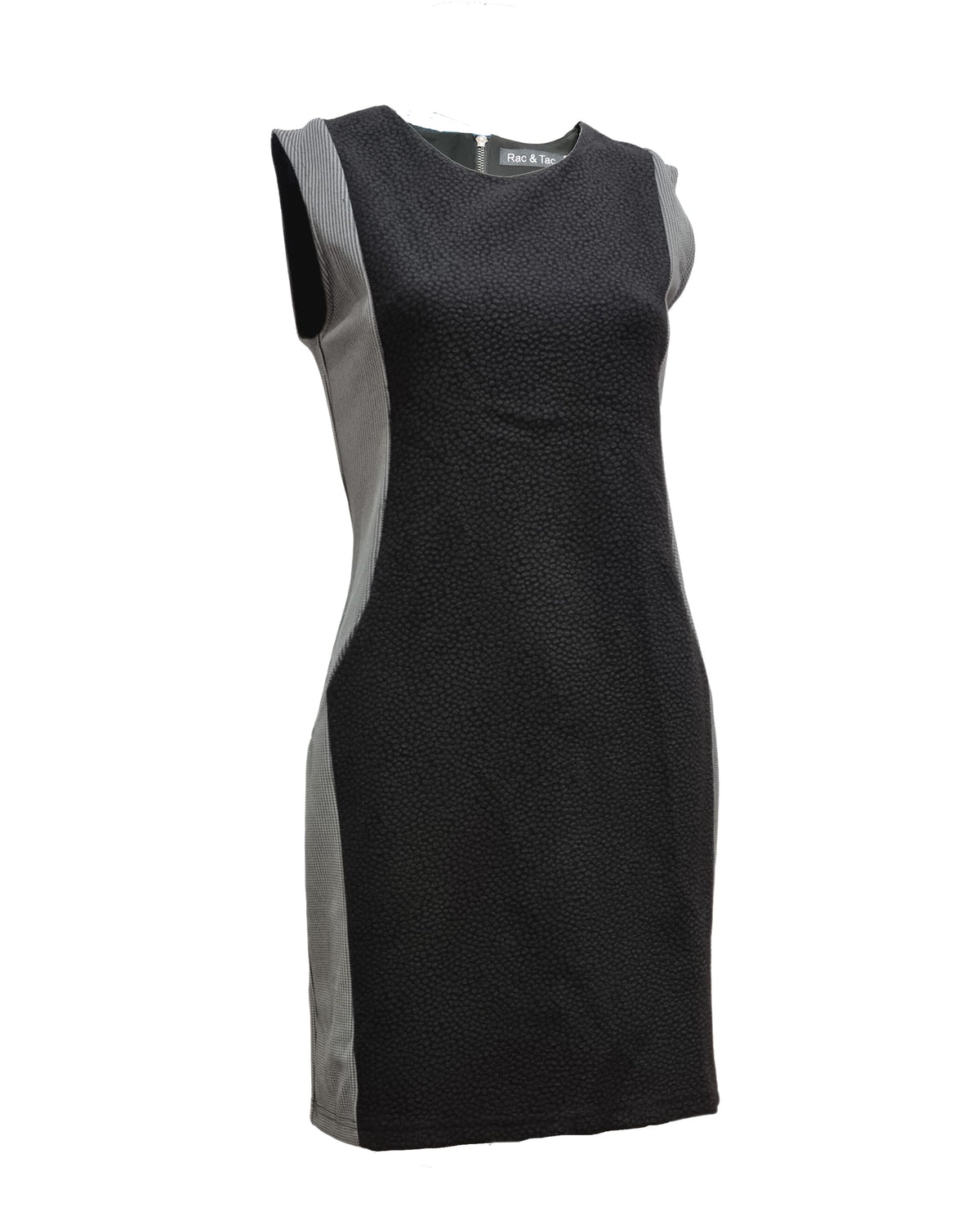 Vestido mujer recto sin mangas, dress ajustado, tejido texturizado, laterales estampado vichy, bolsillos delanteros, cierre espalda, cuello redondo, estilo elegante casual, colores negro gris, talla 38, cómodo y versátil ✅Entrega 24/48h