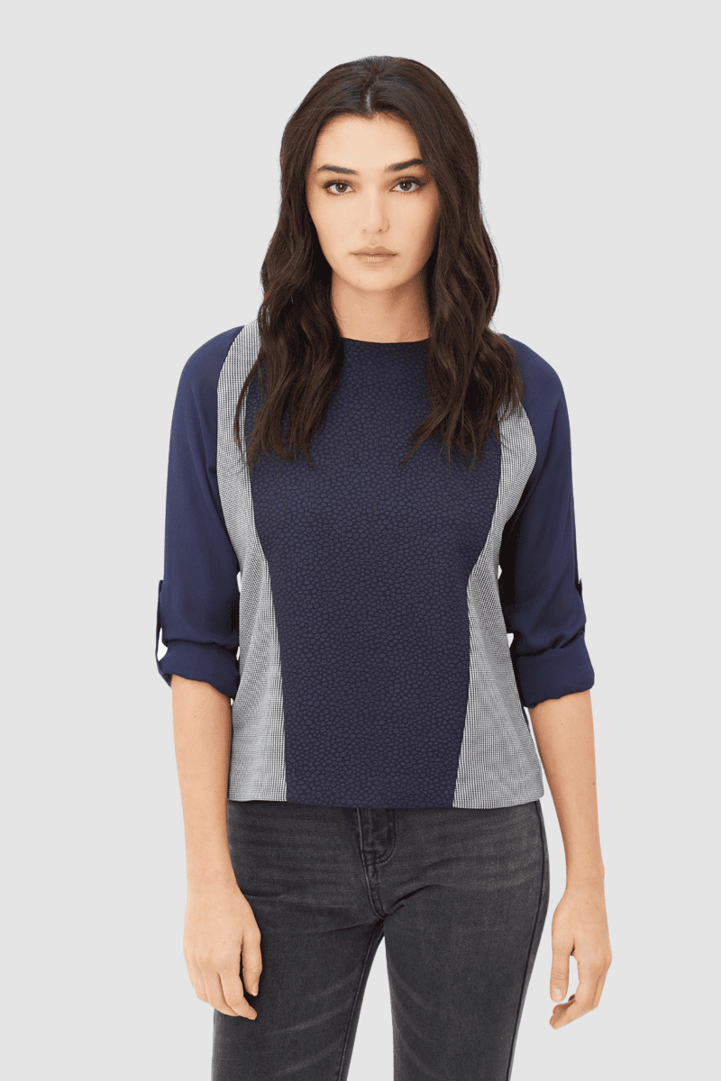 Blusa mujer manga francesa bloques contraste, top elegante casual, textura suave, corte recto, tendencia oficina urbana, color azul marino, talla 36, versátil, look moderno, prendas cómodas ✅Entrega 24/48h