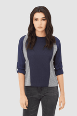 Blusa mujer manga francesa bloques contraste, top elegante casual, textura suave, corte recto, tendencia oficina urbana, color azul marino, talla 36, versátil, look moderno, prendas cómodas ✅Entrega 24/48h