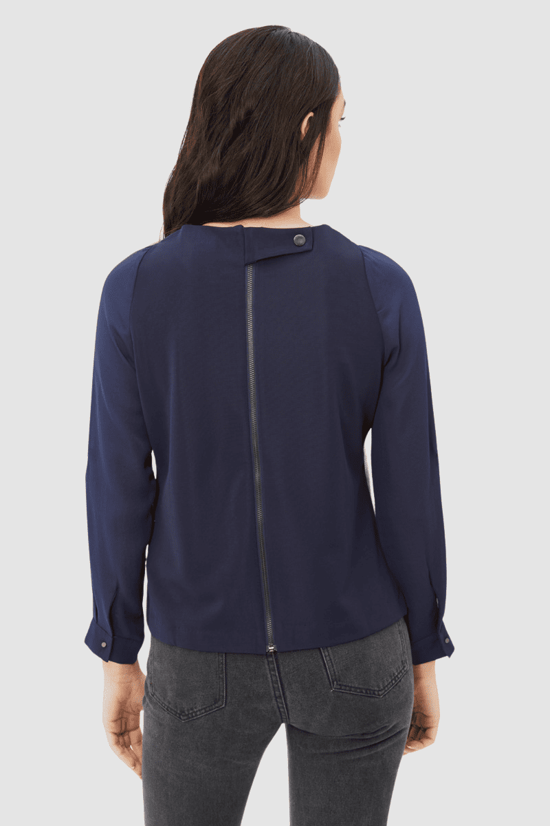 Blusa mujer manga francesa bloques contraste, top elegante casual, textura suave, corte recto, tendencia oficina urbana, color azul marino, talla 36, versátil, look moderno, prendas cómodas ✅Entrega 24/48h
