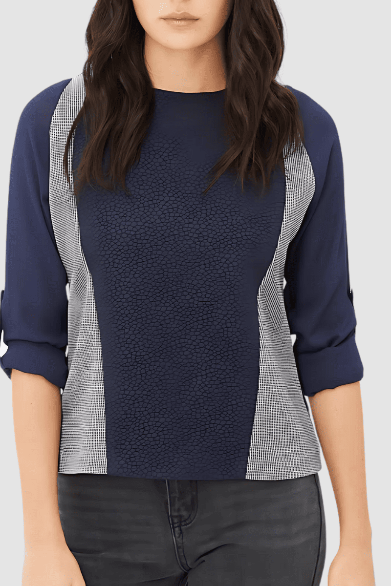 Blusa mujer manga francesa bloques contraste, top elegante casual, textura suave, corte recto, tendencia oficina urbana, color azul marino, talla 36, versátil, look moderno, prendas cómodas ✅Entrega 24/48h