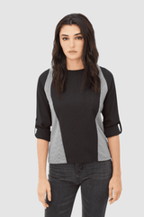 Blusa mujer panel contraste manga tres cuartos, top casual, corte recto, tela ligera cómoda, estilo moderno, negra, talla 36, ideal oficina looks urbanos, versátil y elegante, fácil combinar, entrega rápida ✅Entrega 24/48h