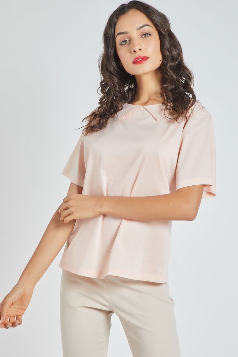 Blusa mujer rosa manga corta, solapa, detalles pedrería hombros, elegante casual, tejido ligero, costuras al tono, talla L, ideal oficina y eventos, comodidad y estilo exclusivo ✅Entrega 24/48h