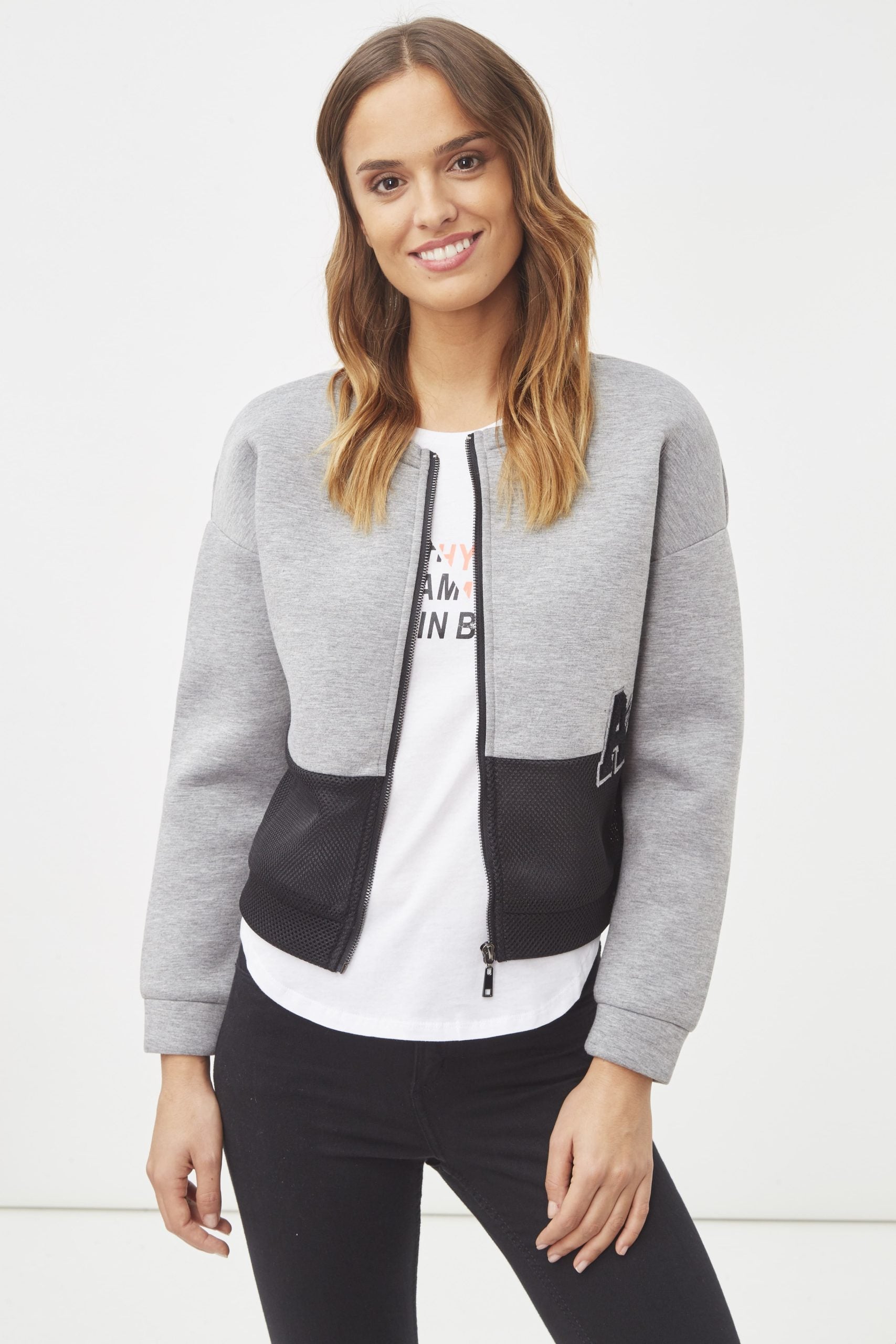 Chaqueta bomber mujer urbana mesh cremallera diseño bicolor ligero casual transpirable talla 36 ideal día a día combina jeans look versátil cómoda moderna gris ✅Entrega 24/48h