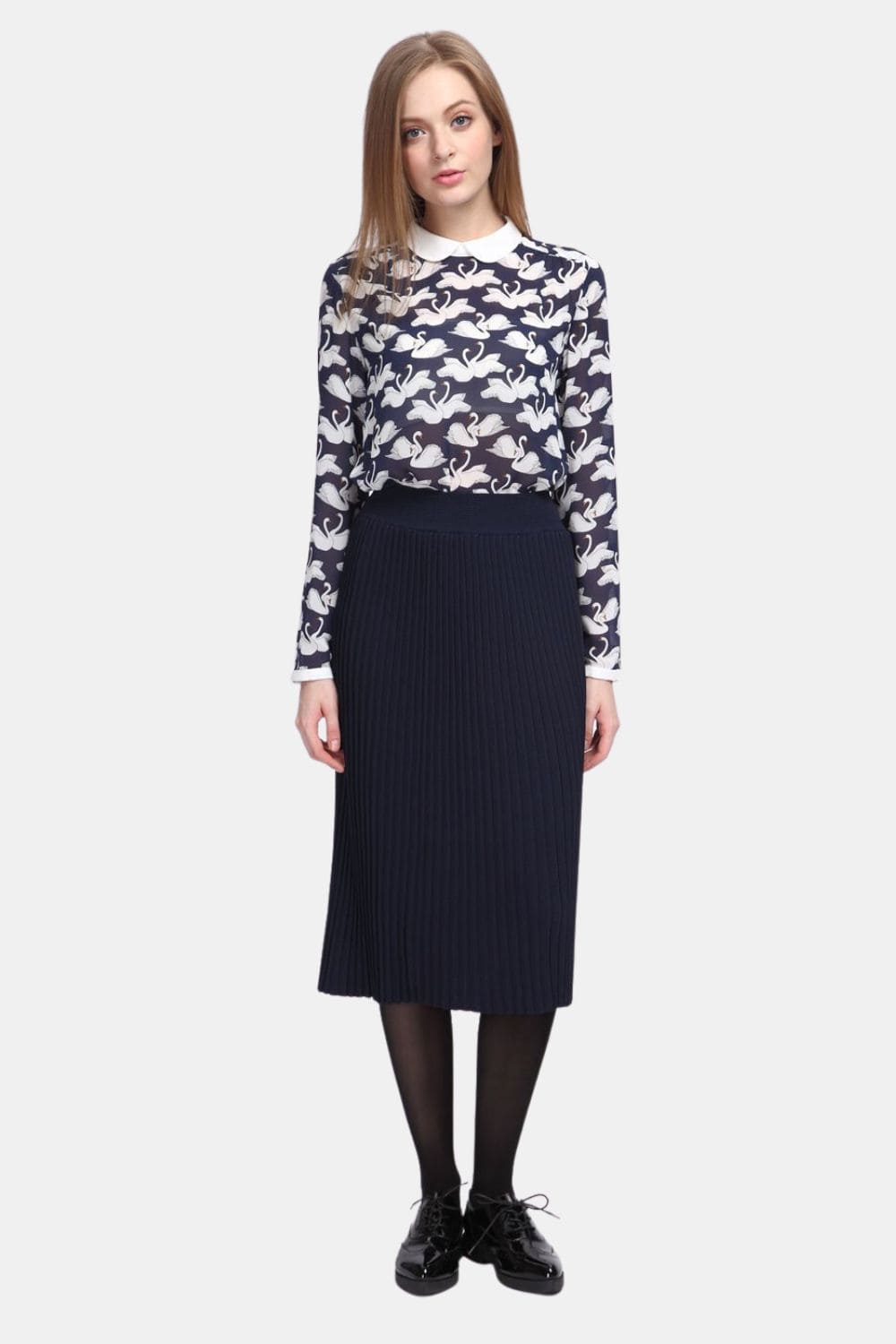 Falda midi mujer, skirt plisada, tiro medio, cintura elástica, sin cierre, diseño elegante, color azul marino, cómoda, versátil, talla 36, outfit femenino oficina y casual ✅Entrega 24/48h