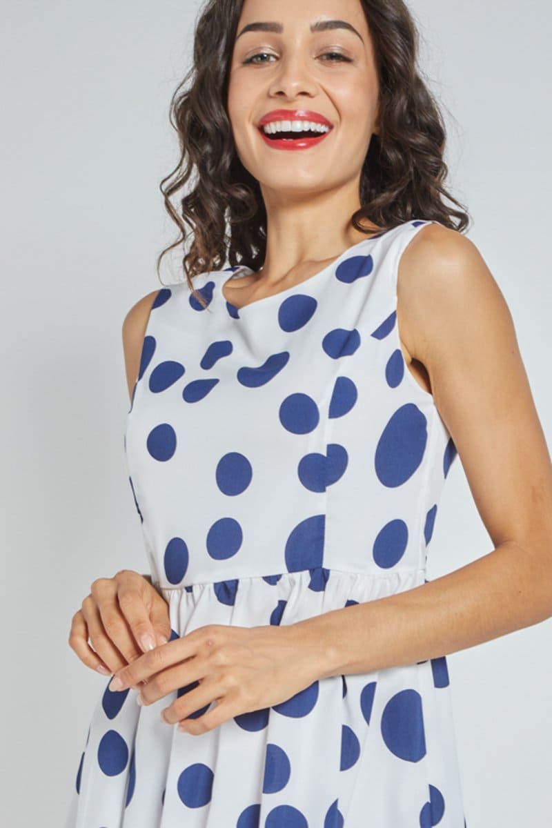 Vestido mujer evasé dress outfit sin mangas estampado lunares azul-blanco poliéster con forro cierre cremallera trasera cuello redondo estilo casual talla L cómodo versátil elegante ✅Entrega 24/48h