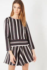 Conjunto mujer blusa manga larga falda corta rayas verticales moderno elegante tejido ligero cómodo outfit eventos sociales L negro ideal look sofisticado ✅Entrega 24/48h