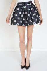 Falda corta mujer, falda satinada evasé, modelo cintura alta estampado lazos, diseño moderno y sofisticado, color negro, ideal outfits urbanos, talla L, original, fresca, combina tacones o botines, ✅Entrega 24/48h