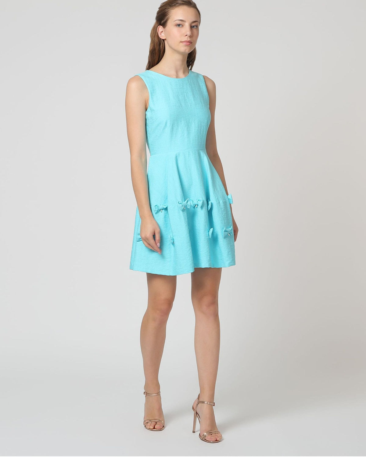 Vestido mujer corte evasé dress outfit lazos decorativos forro interior cremallera trasera sin mangas azul claro talla 36 cómodo elegante ideal verano look casual fiesta ✅Entrega 24/48h