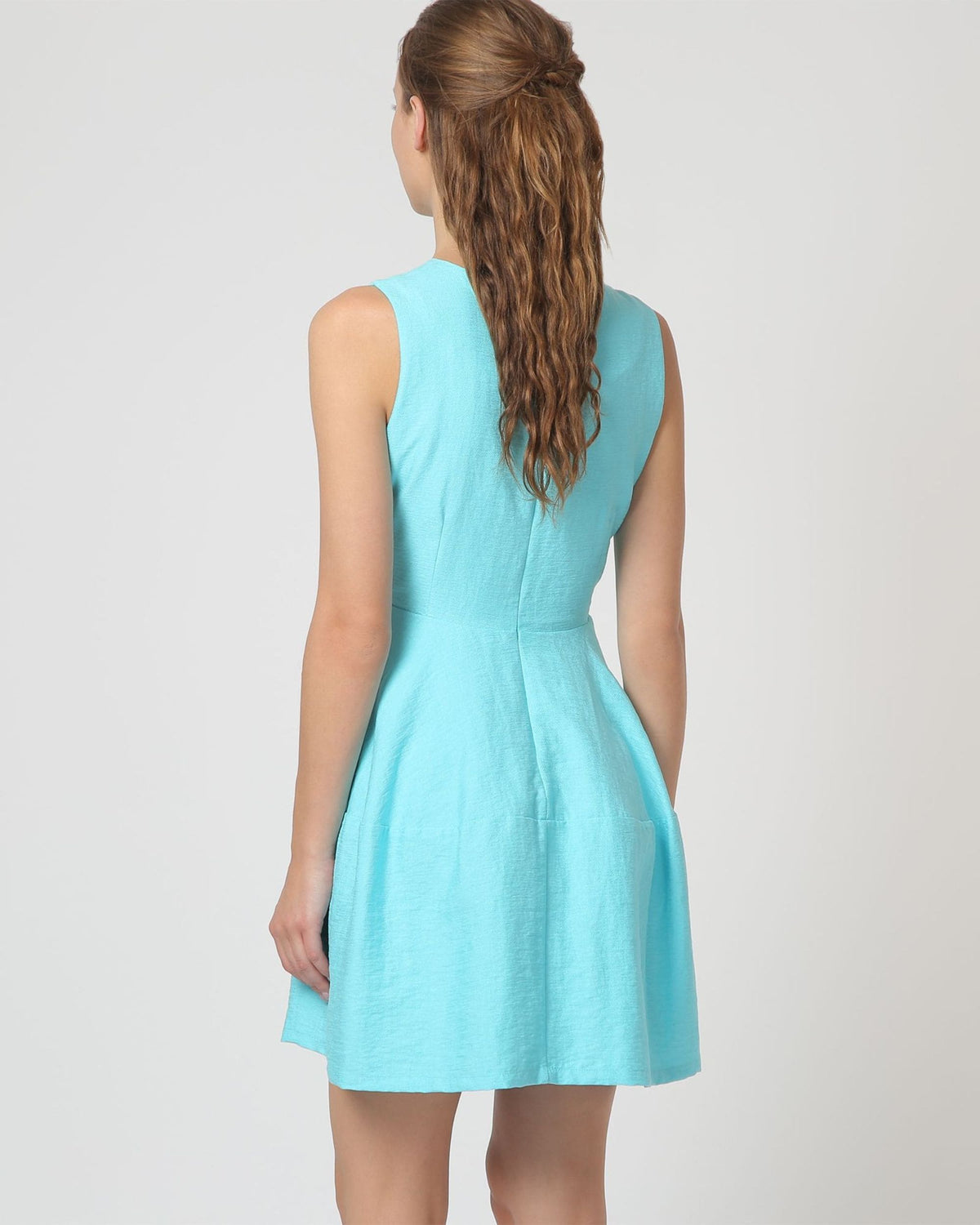 Vestido mujer corte evasé dress outfit lazos decorativos forro interior cremallera trasera sin mangas azul claro talla 36 cómodo elegante ideal verano look casual fiesta ✅Entrega 24/48h