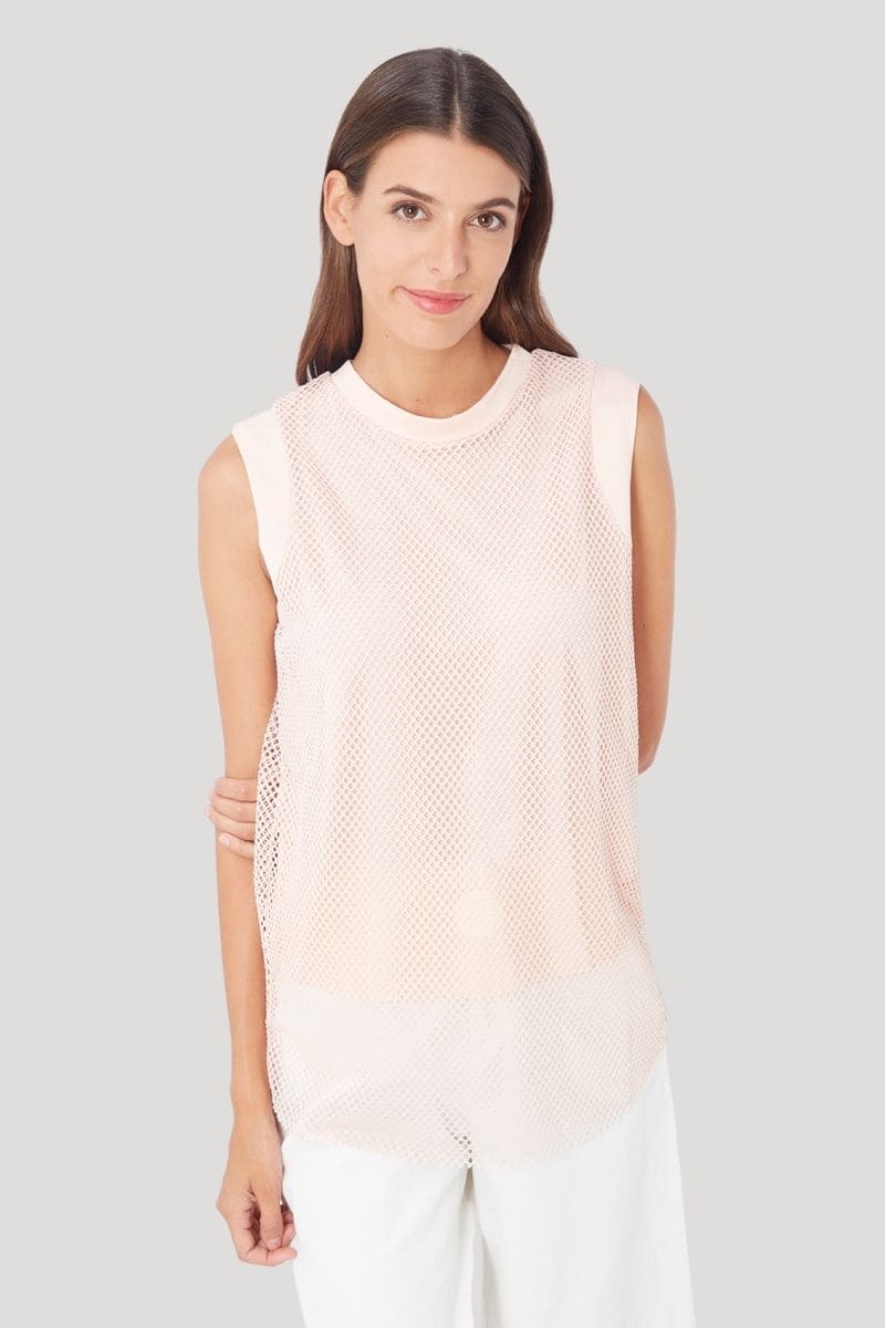 Top sin mangas mujer, blusa mesh, malla transparente, estilo casual urbano, modelo ligero y fresco, corte recto, color beige, talla 36, fácil de combinar, versátil, ideal verano ✅Entrega 24/48h