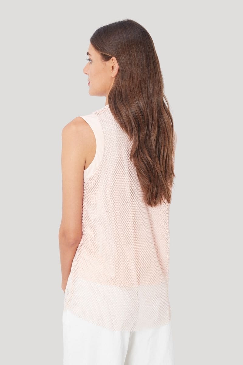 Top sin mangas mujer, blusa mesh, malla transparente, estilo casual urbano, modelo ligero y fresco, corte recto, color beige, talla 36, fácil de combinar, versátil, ideal verano ✅Entrega 24/48h