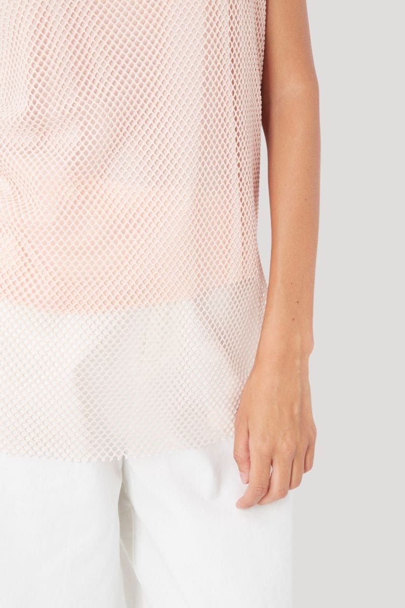 Top sin mangas mujer, blusa mesh, malla transparente, estilo casual urbano, modelo ligero y fresco, corte recto, color beige, talla 36, fácil de combinar, versátil, ideal verano ✅Entrega 24/48h