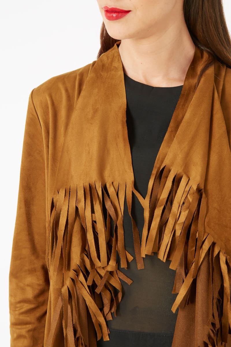 Chaqueta mujer efecto nobuk sintético flecos largos tendencia, manga larga, cierre corchetes, bolsillos, cuello redondo, estilo bohemio color camel talla 36, versátil y cómoda ✅Entrega 24/48h