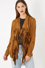 Chaqueta mujer efecto nobuk sintético flecos largos tendencia, manga larga, cierre corchetes, bolsillos, cuello redondo, estilo bohemio color camel talla 36, versátil y cómoda ✅Entrega 24/48h