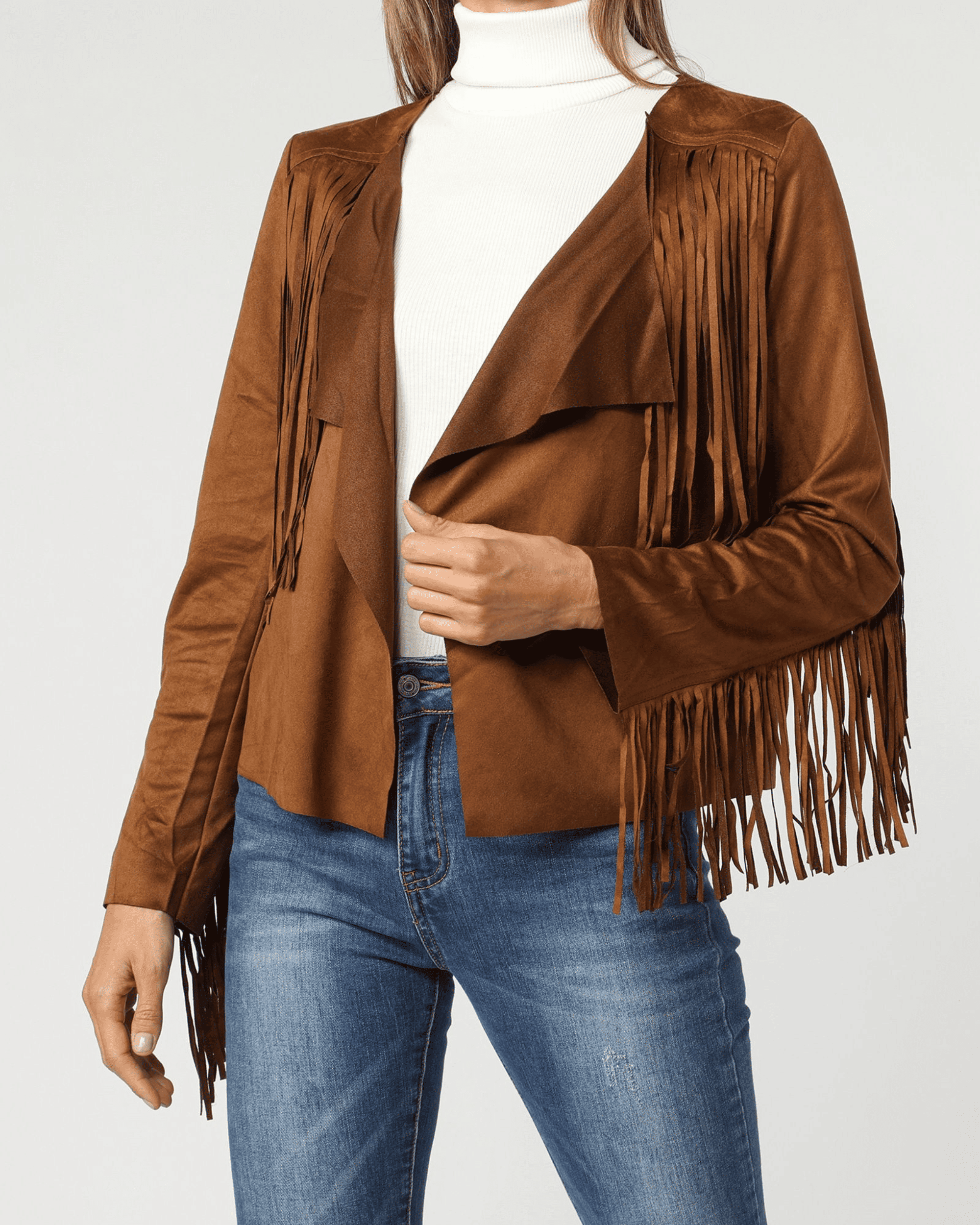 Chaqueta mujer, chaqueta antelina, chaqueta flecos, look western, corte regular, diseño tendencia, efecto suave, color camel, talla 36, versátil, cómoda, estilo casual boho, manga larga, ✅Entrega 24/48h