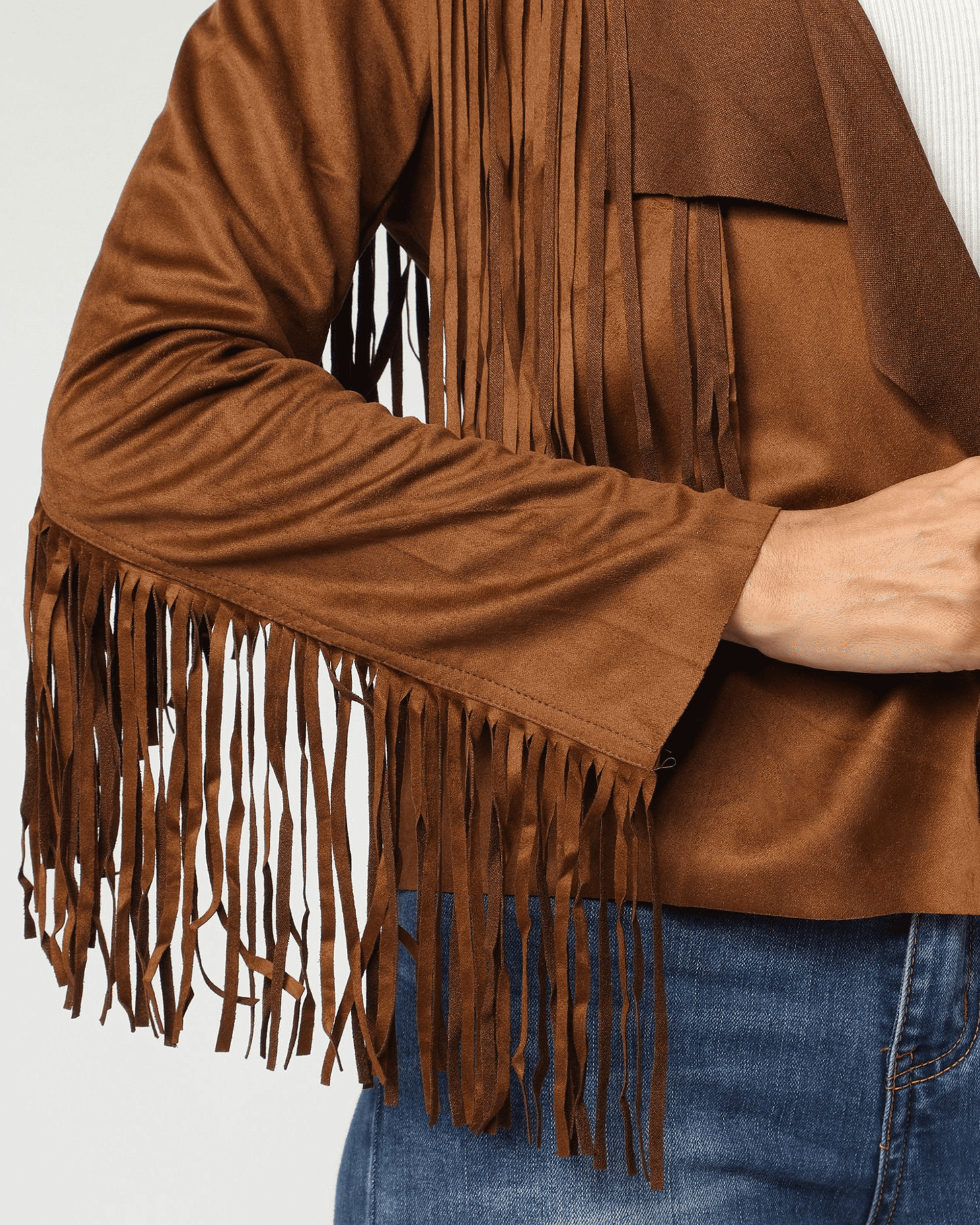 Chaqueta mujer, chaqueta antelina, chaqueta flecos, look western, corte regular, diseño tendencia, efecto suave, color camel, talla 36, versátil, cómoda, estilo casual boho, manga larga, ✅Entrega 24/48h