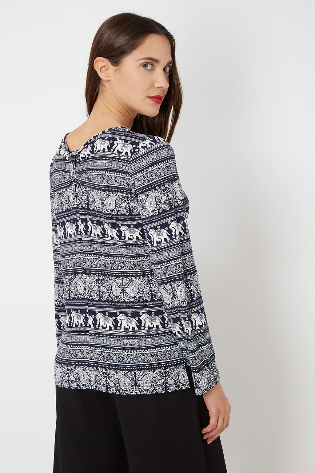 Blusa mujer, camisa casual, top manga larga, estampado étnico elefantes, algodón fresco, fit regular, azul marino, talla 36, elegante, confortable, combina jeans pantalón, ideal oficina ocio, variaciones colores ✅Entrega 24/48h