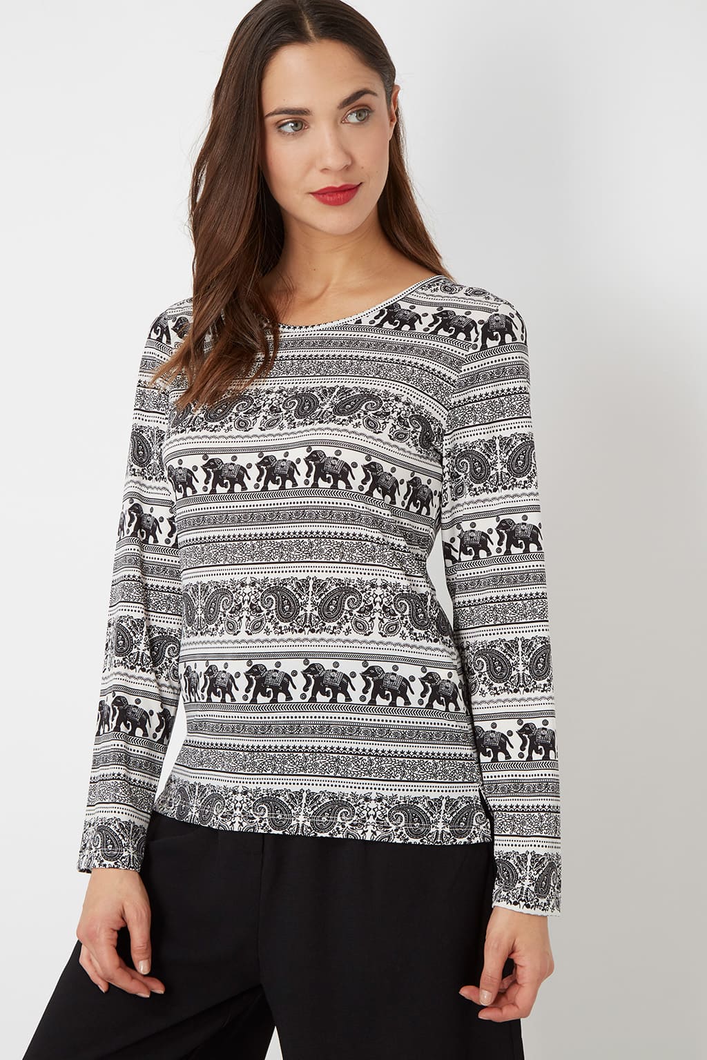 Blusa mujer manga larga estampada paisley lunares elefantes, cuello redondo, diseño cómodo versátil, estilo casual elegante, color negro, talla 36, ideal uso diario outfit oficina ✅Entrega 24/48h