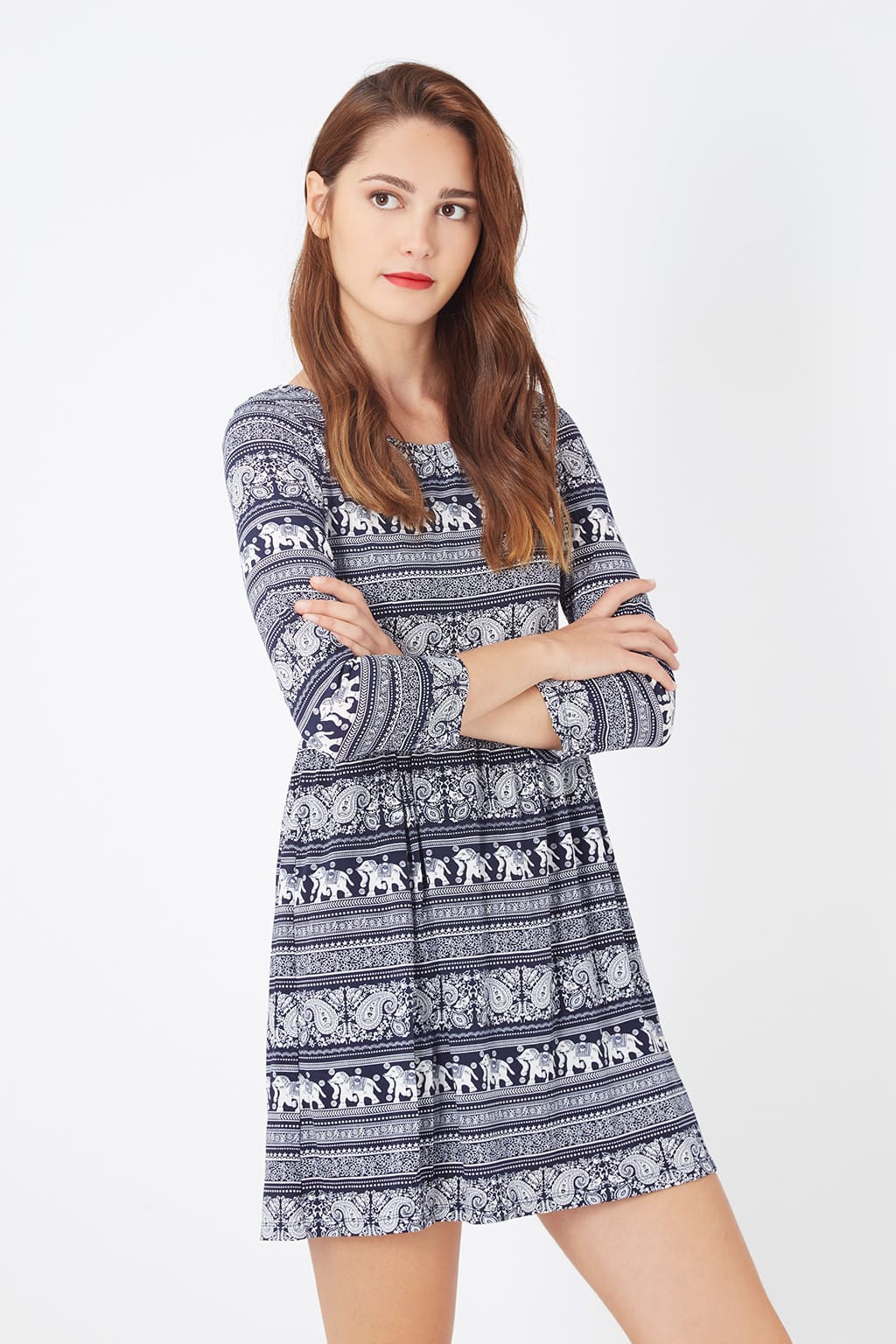 Vestido corto mujer, dress estampado étnico, fruncido cintura, manga larga, cuello redondo, algodón cómodo, diseño exclusivo, azul marino, talla 36, estilo casual moderno ✅Entrega 24/48h