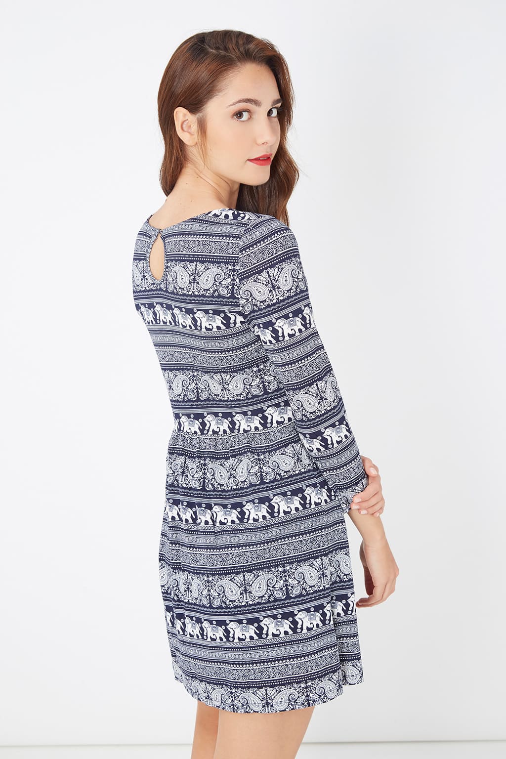 Vestido corto mujer, dress estampado étnico, fruncido cintura, manga larga, cuello redondo, algodón cómodo, diseño exclusivo, azul marino, talla 36, estilo casual moderno ✅Entrega 24/48h