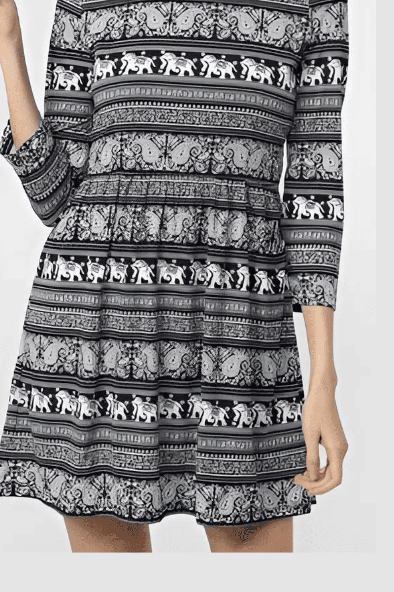 Vestido corto mujer, dress estampado étnico, fruncido cintura, manga larga, cuello redondo, algodón cómodo, diseño exclusivo, azul marino, talla 36, estilo casual moderno ✅Entrega 24/48h