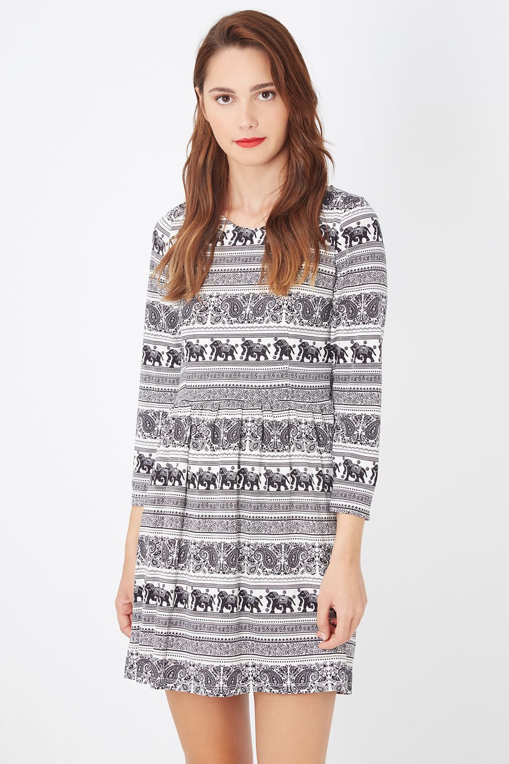 Vestido corto mujer, dress mini, diseño estampado étnico, fruncido cintura, manga larga, cuello redondo, cierre botón, elegante y cómodo, talla 38, negro blanco, outfit primavera verano ✅Entrega 24/48h