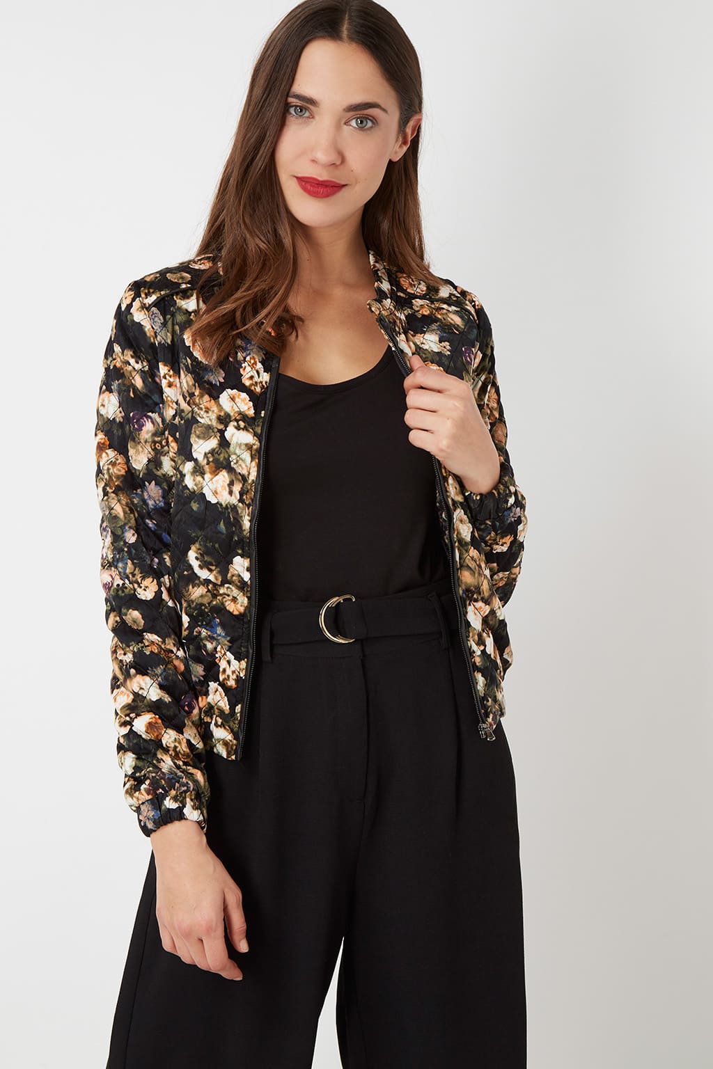 Chaqueta mujer corta satinado floral, abrigo ligero, cremallera frontal, manga larga, estilo casual, tejido suave, floral print negra multicolor, talla 36, ideal entretiempo, cómoda y versátil ✅Entrega 24/48h