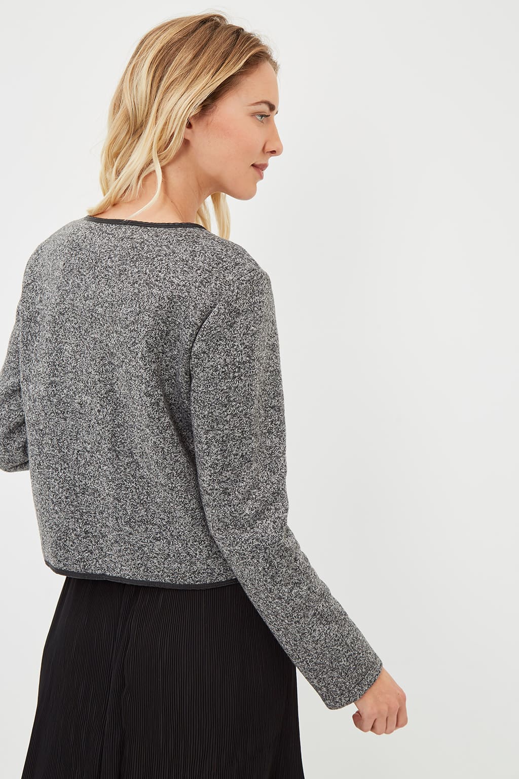 Chaqueta mujer jaspeada negra, manga larga, cuello redondo, bolsillos con cremallera, cierre botones presión, estilo casual elegante, cómoda y versátil, talla 36, ideal oficina y diario, ✅Entrega 24/48h
