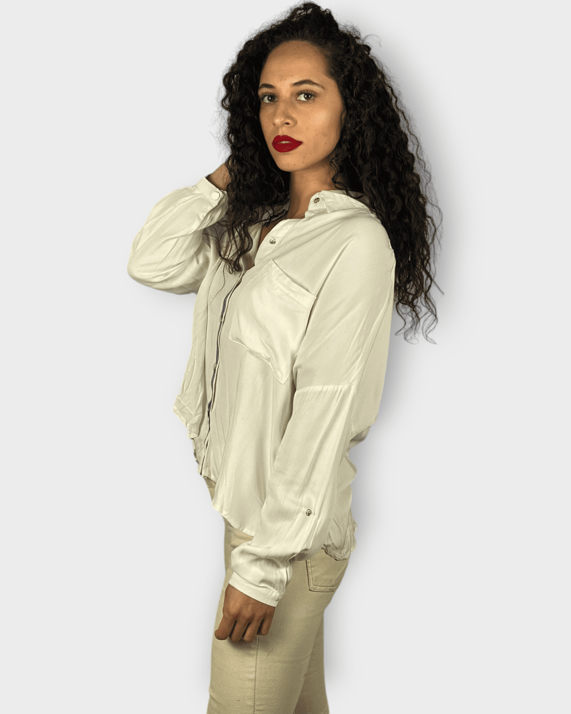 Camisa mujer oversize fluida, blusa elegante, corte asimétrico, manga larga, bolsillo delantero, cuello clásico, cierre botones, blanco, talla 36, cómoda, versátil, estilo casual, oficina, ✅Entrega 24/48h