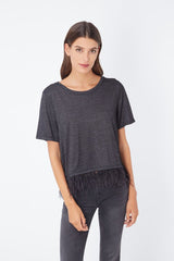 Top mujer, blusa, shirt, cuello redondo, manga corta, detalle plumas en el bajo, estilo elegante, corte recto, color negro, talla 36, suave, versátil, cómoda, ideal fiesta, verano, ✅Entrega 24/48h