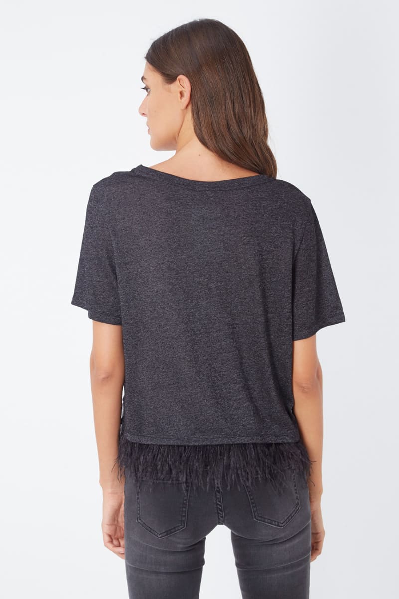Top mujer, blusa, shirt, cuello redondo, manga corta, detalle plumas en el bajo, estilo elegante, corte recto, color negro, talla 36, suave, versátil, cómoda, ideal fiesta, verano, ✅Entrega 24/48h