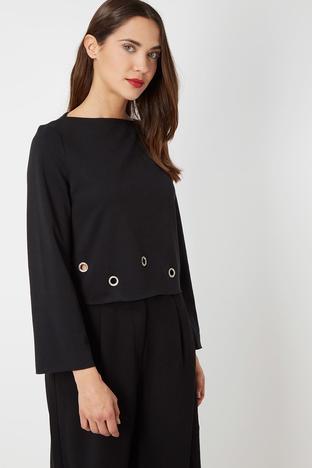 Jersey fino mujer, blusa manga larga, diseño cuello barco, detalles orificios metálicos, estilo moderno, corte recto, talla 36, color negro, cómodo y versátil, ideal oficina y casual ✅Entrega 24/48h