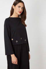 Jersey fino mujer, blusa manga larga, diseño cuello barco, detalles orificios metálicos, estilo moderno, corte recto, talla 36, color negro, cómodo y versátil, ideal oficina y casual ✅Entrega 24/48h