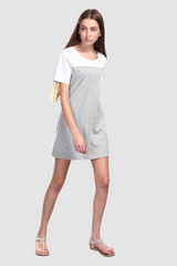 Vestido recto mujer, dress corto bicolor gris blanco, manga corta, cuello redondo amplio, cierre cremallera, bolsillo decorativo, estilo casual cómodo elegante, talla XL, ideal verano oficina ✅Entrega 24/48h