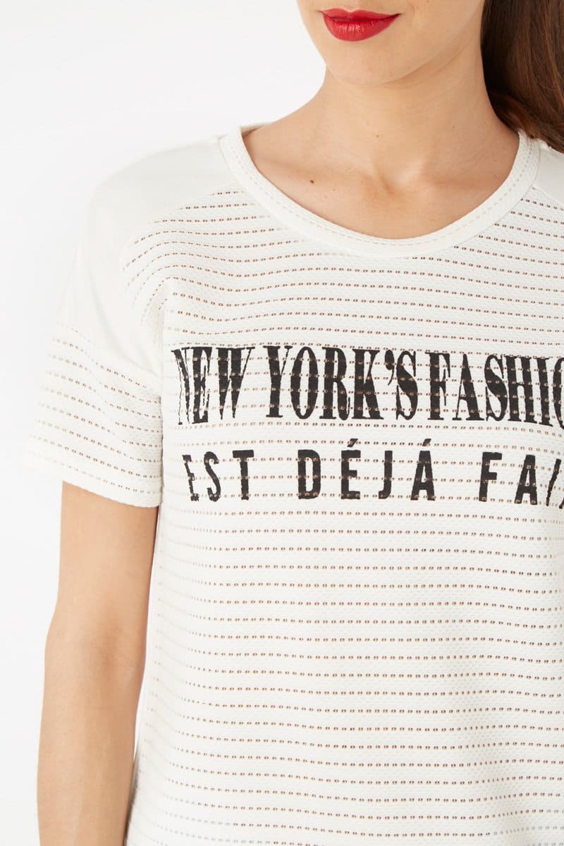 Camiseta mujer manga corta blanca, t-shirt casual perforada, mensaje frontal, tejido ligero, corte recto, estilo urbano, ideal verano, fresca, cómoda, talla S, combinación jeans faldas ✅Entrega 24/48h