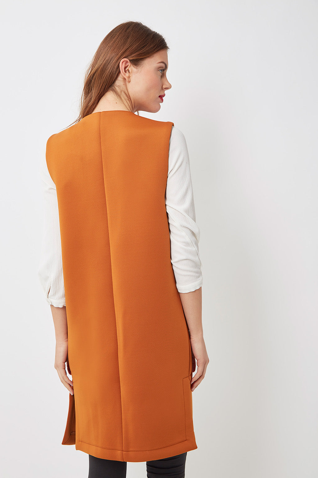 Chaleco largo sastre mujer, blazer sin mangas, diseño minimalista elegante, tejido suave, corte recto, estilo formal urbano, naranja, talla M, sofisticado versátil looks oficina ciudad ✅Entrega 24/48h