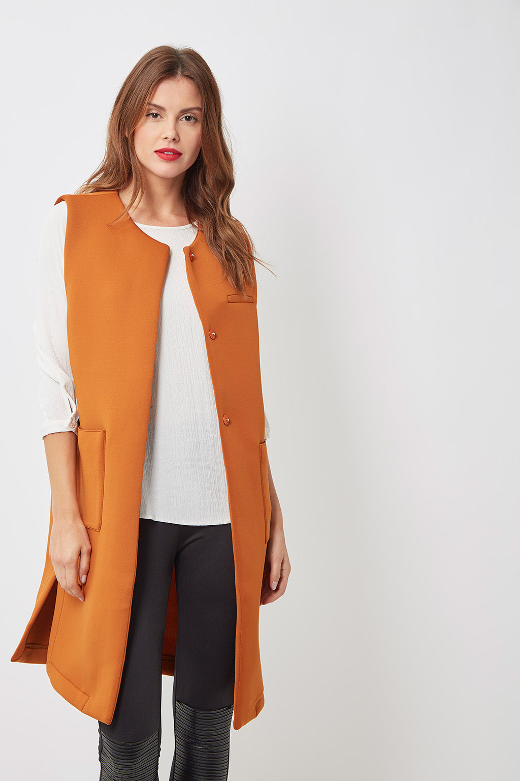 Chaleco largo sastre mujer, blazer sin mangas, diseño minimalista elegante, tejido suave, corte recto, estilo formal urbano, naranja, talla M, sofisticado versátil looks oficina ciudad ✅Entrega 24/48h